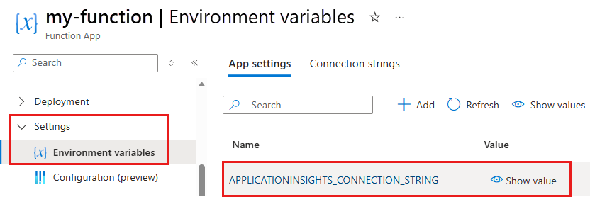 Screenshot showing the App Insights connection string setting in the list.
