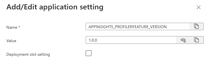 Screenshot adding the app insights profiler feature version setting.