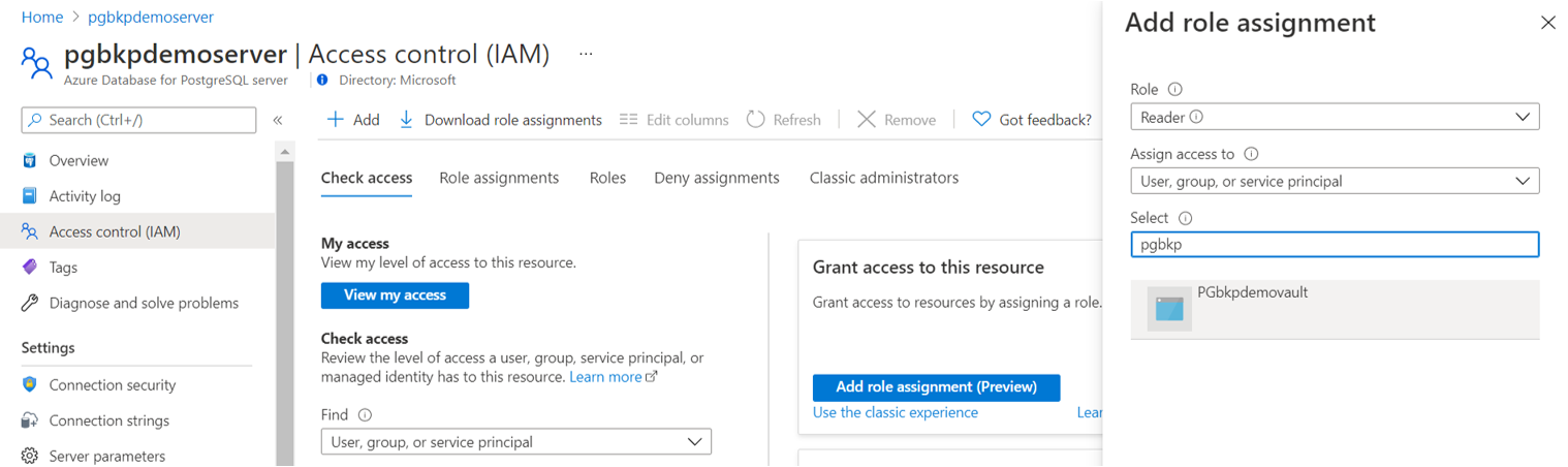Screenshot that shows the option to set an Azure Backup vault's M S I Reader access on an Azure Database for PostgreSQL server.