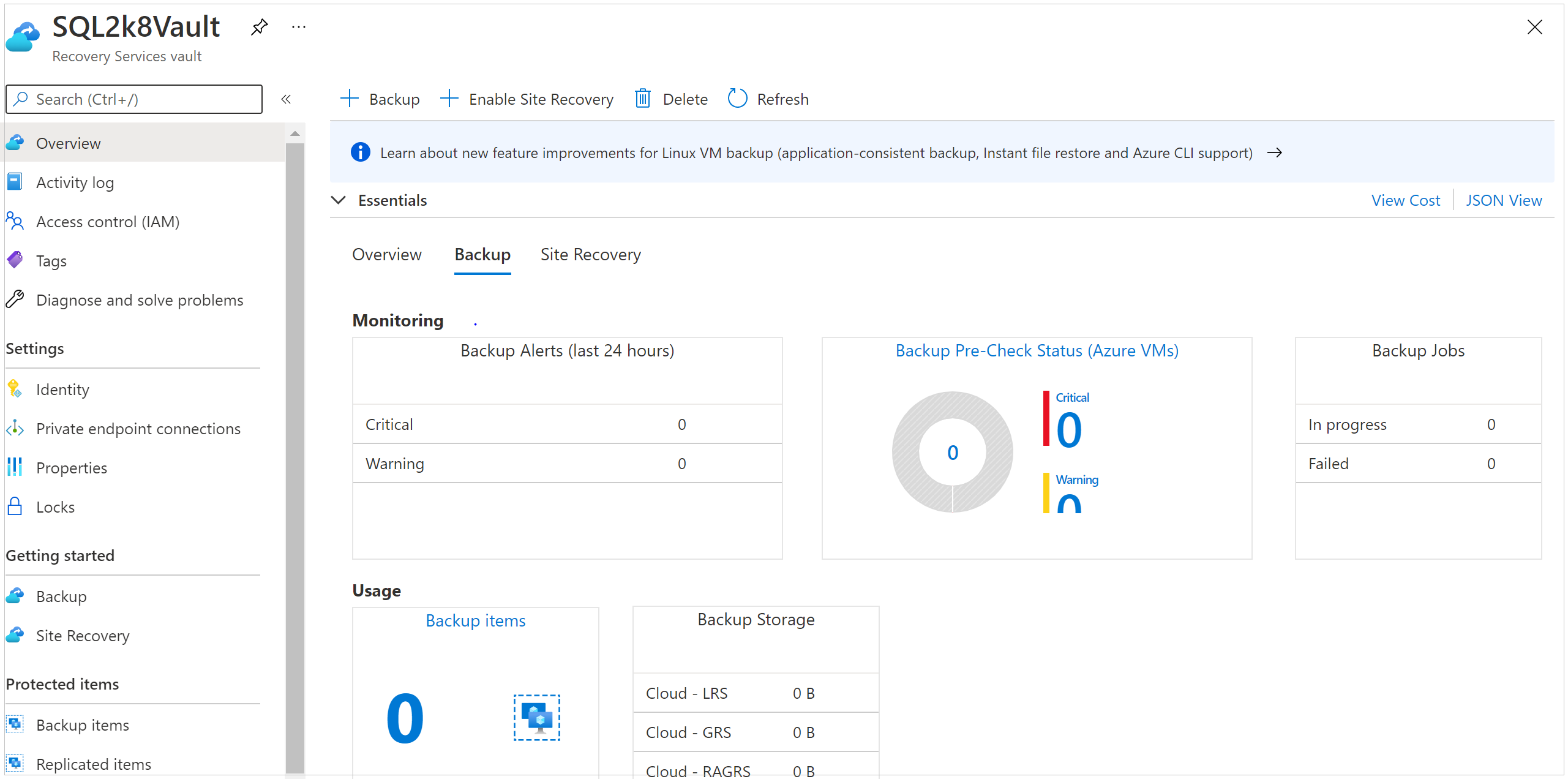 Screenshot that shows selecting Delete on the vault dashboard.