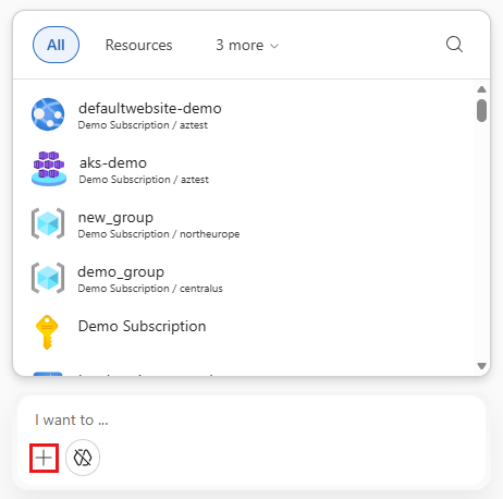 Screenshot showing the option to add entities to an Azure Copilot chat.