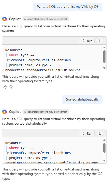 Screenshot of Azure Copilot generating and then revising a query to list VMs by OS.