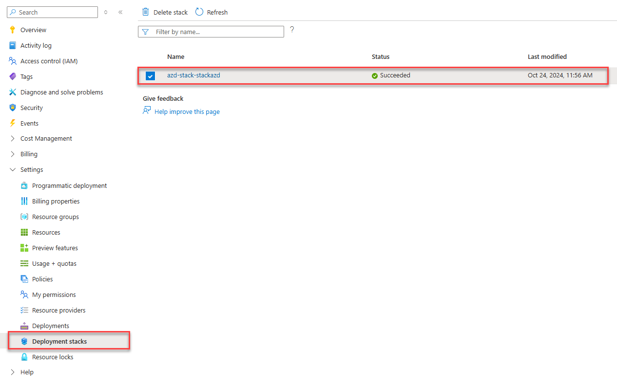 A screenshot showing a subscription level deployment stack in the Azure portal.