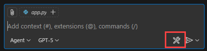 Screenshot of chat pane with highlight around the Configure Tools icon.