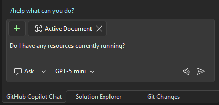 Screenshot that shows an example prompt typed into the chat area in Visual Studio 2026.