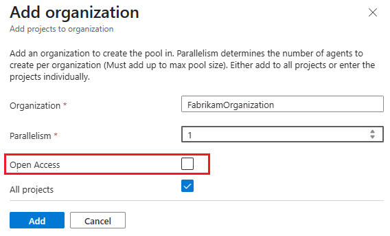 Screenshot that shows how to configure open access for multiple organizations.