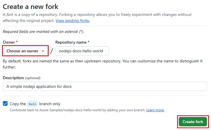 Screenshot of create fork in GitHub. 