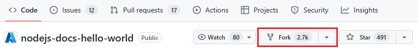 Screenshot of GitHub to select the Node.js project to fork.