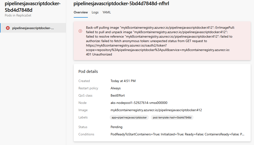 Screenshot that shows the workload status view for a Kubernetes deployment.