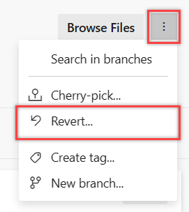 Screenshot that shows how to select the More options Revert action for the commit.