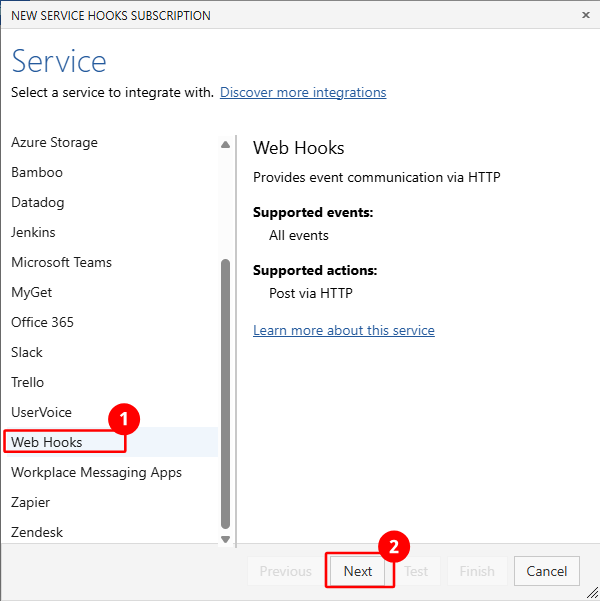 Screenshot showing Web Hooks selected from the list of services.