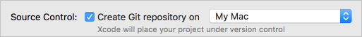 Screenshot that shows how to create a Git repo at the time of Xcode project creation.