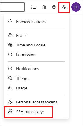 Screenshot that shows the SSH public keys menu item and the user avatar selected in Azure DevOps.