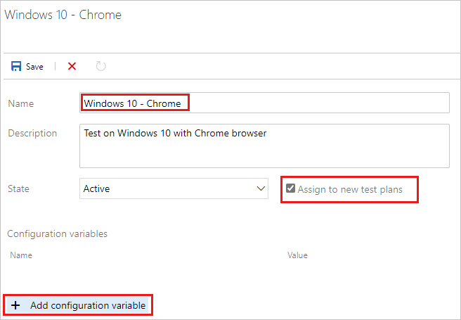 Screenshot of adding variables to the new test configuration.