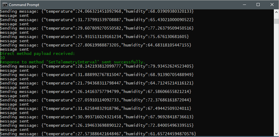 Screenshot of a terminal window that shows the direct message result and updated output from the simulated device application.