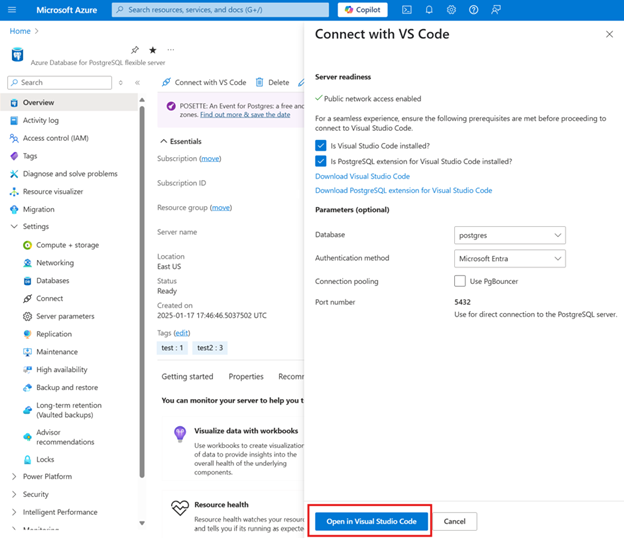 Screenshot of Azure portal showing an Azure Database for PostgreSQL instance with the Connect with Visual Studio Code panel. The open in Visual Studio Code button is highlighted.