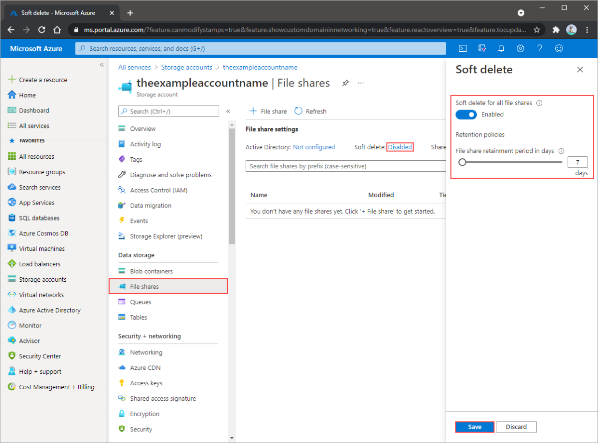 Screenshot of the storage account soft delete settings pane. Highlighting the file shares soft delete section, enable toggle, set a retention period, and save. This enables soft delete for all file shares in your storage account.