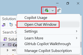Screenshot of the GitHub icon dropdown. Open Chat Window is selected.