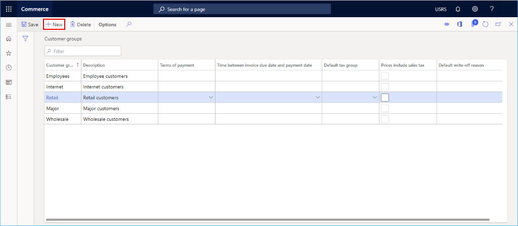 Screenshot of configured customer groups.