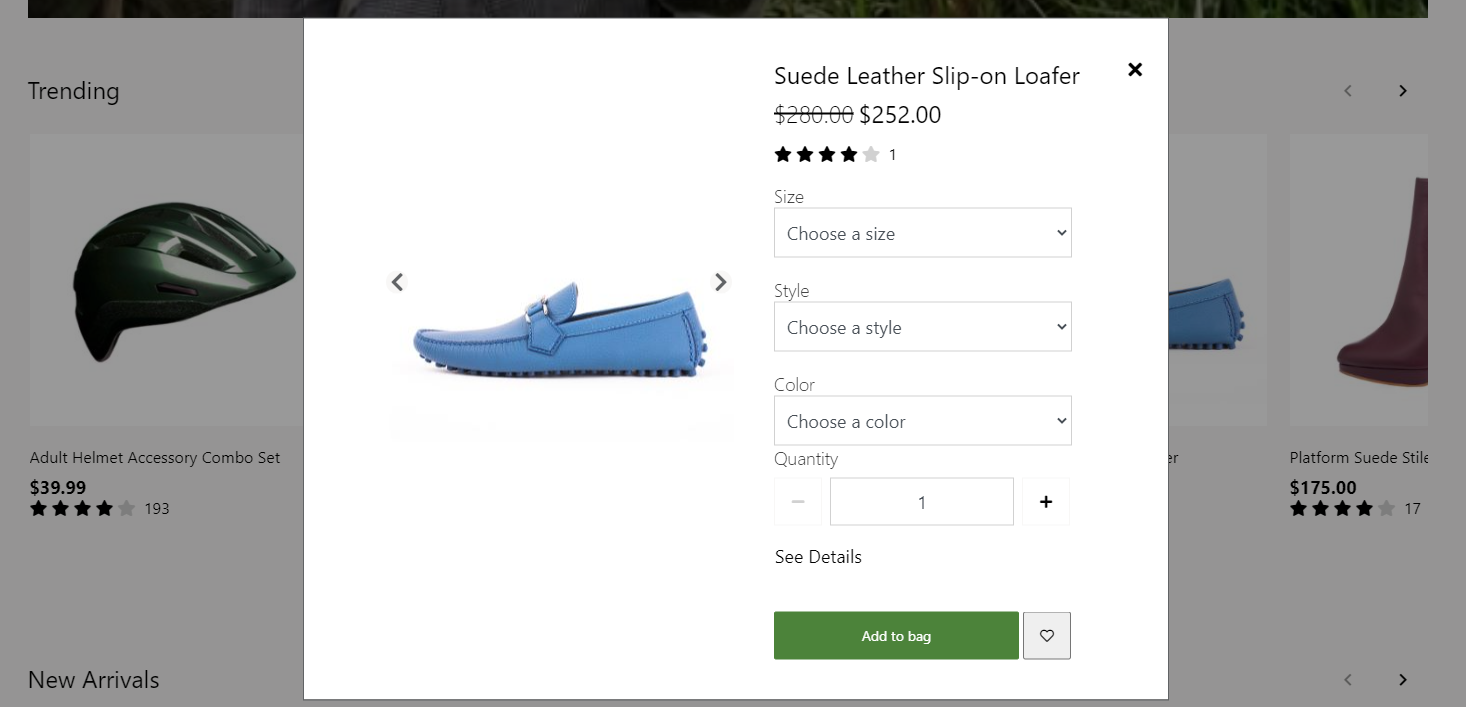 Screenshot of a quick view module on a product list page.
