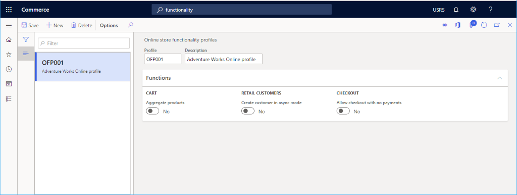 Screenshot of an online functionality profile example.