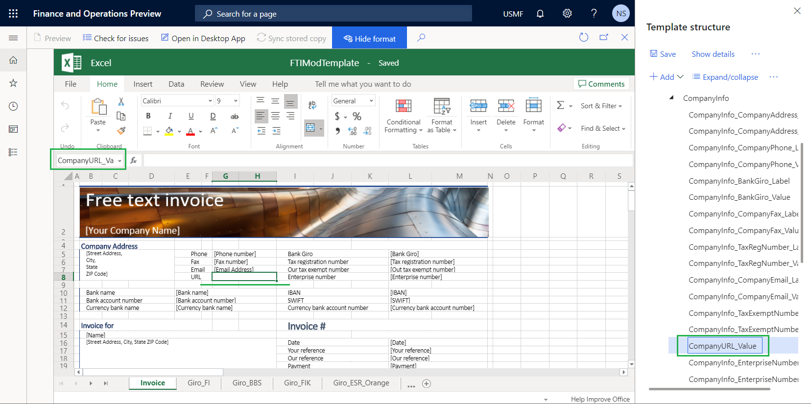 Screenshot of the CompanyURL_Value field added to the template structure.
