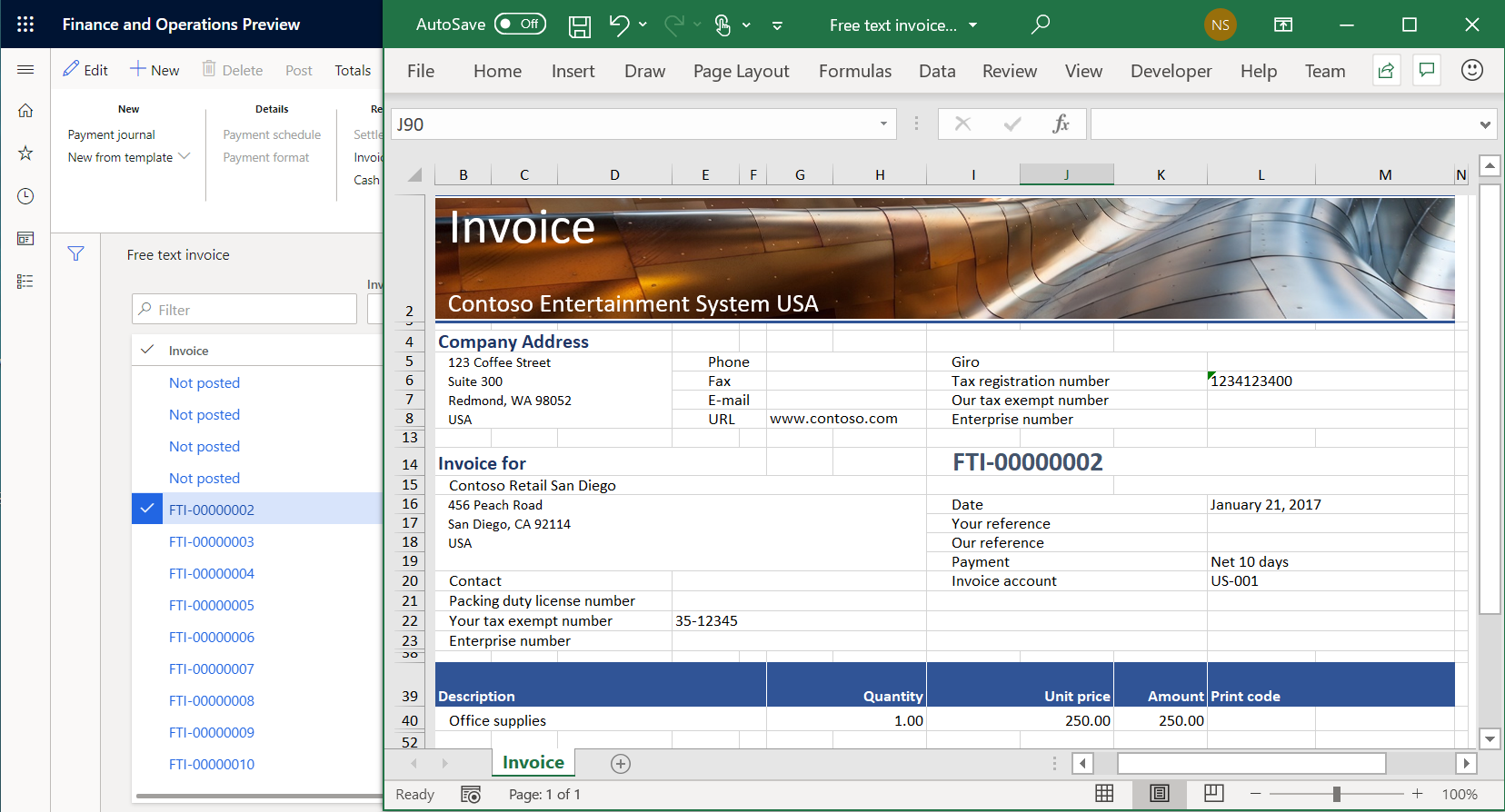 Screenshot of the free text invoice in Excel.