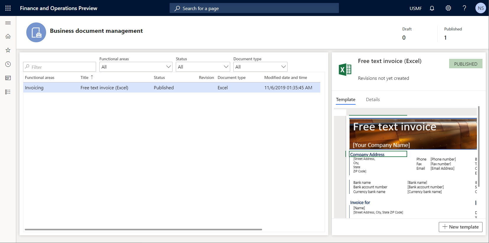 Screenshot of the Business document management workspace.