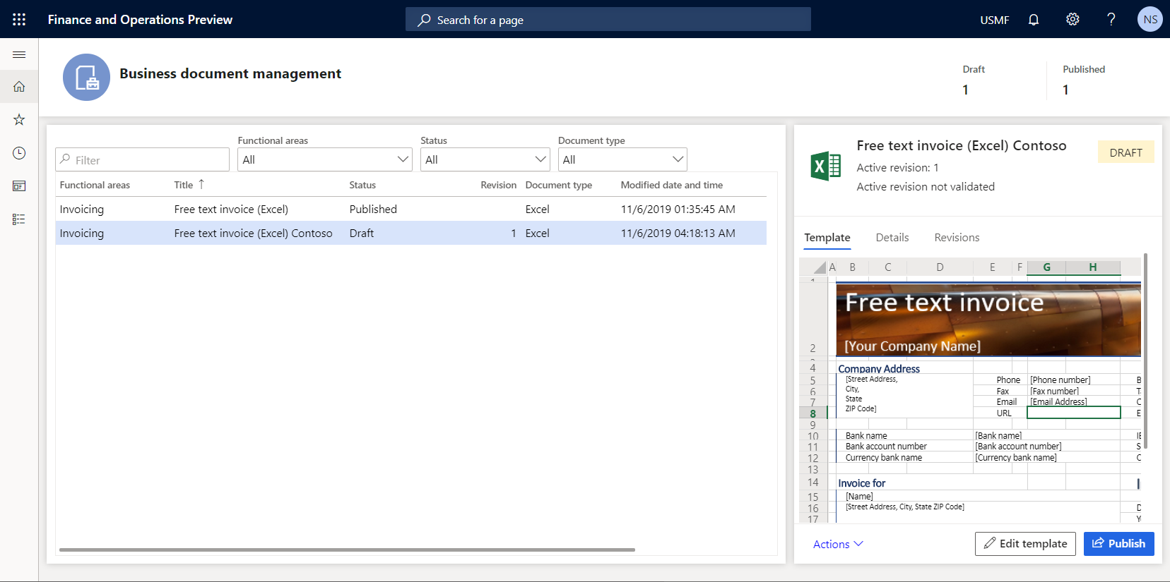 Screenshot of the edited template in the Business document management workspace.