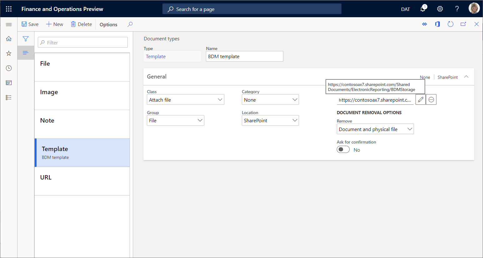 Screenshot of the Document management document type setup.