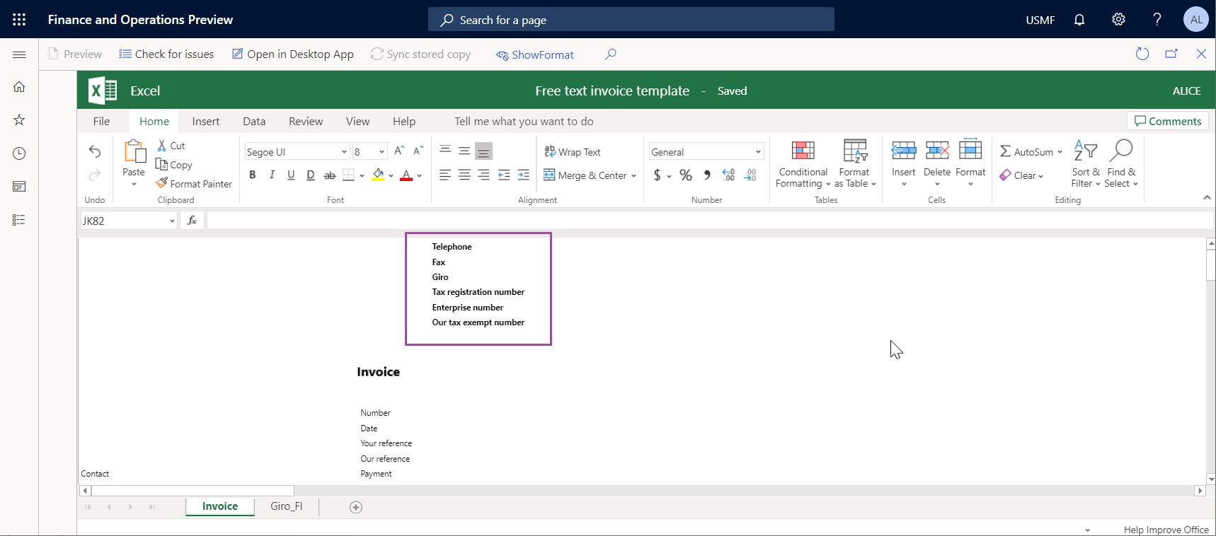 Screenshot of changing font to bold in the template header on the Business document management template editor page.