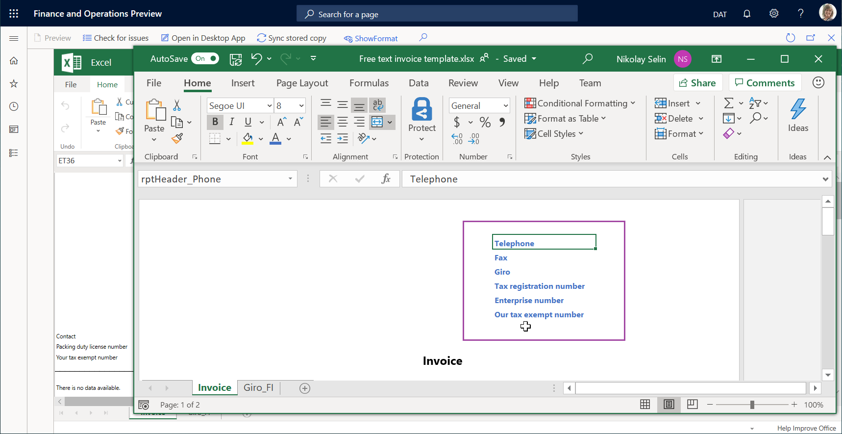 Screenshot of modifying the font color in the template header using the desktop Excel application.
