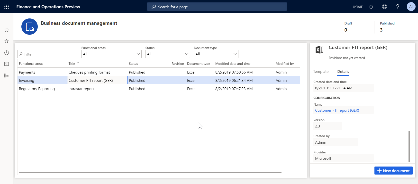 Screenshot of selecting a document on the Business document management workspace page.