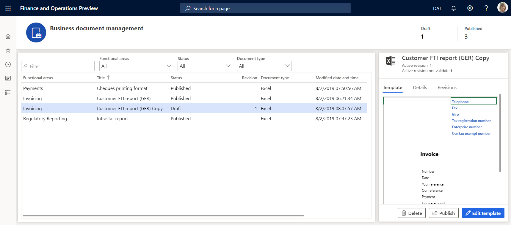 Screenshot of editing a template on the Business document management workspace page.