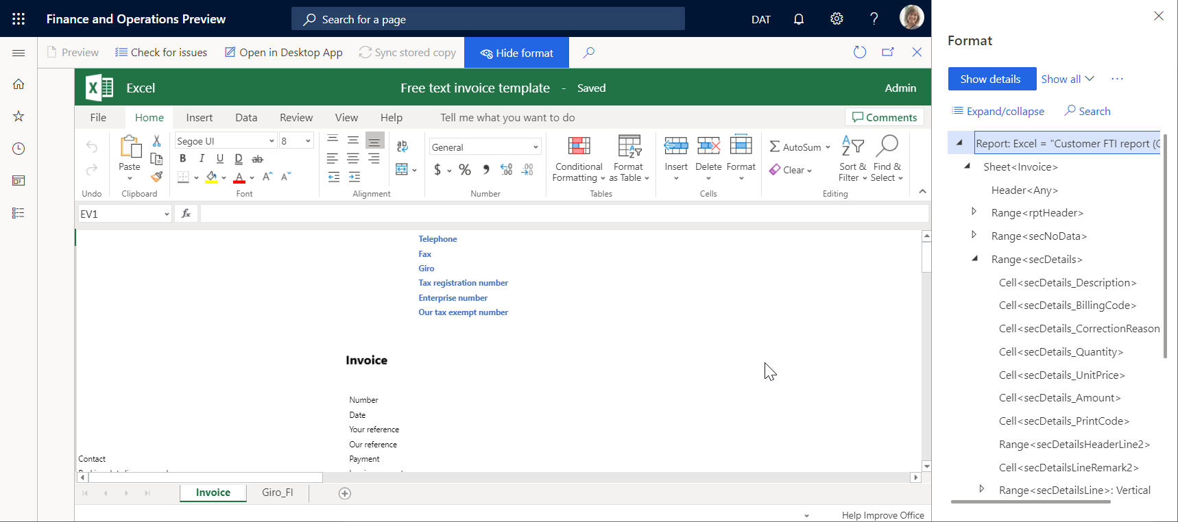 Screenshot of the BDM template editor page with validation options.