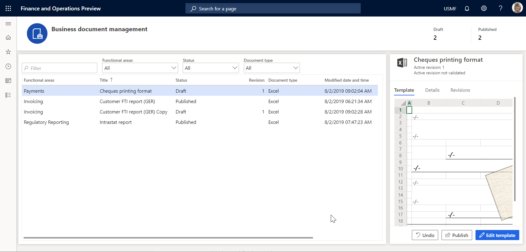 Screenshot of rejecting changes to the template on the Business document management workspace page.