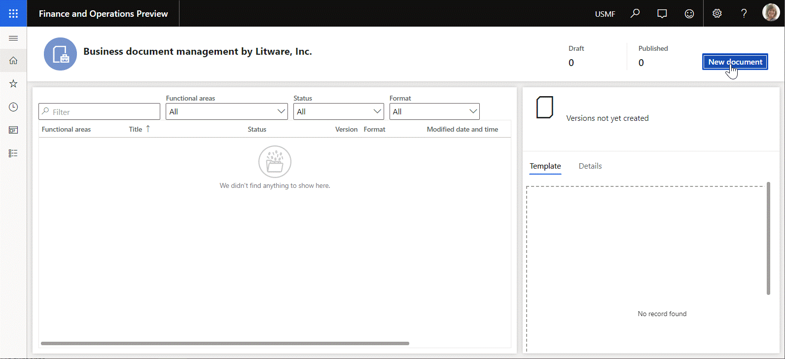 Screenshot of using the Business document management workspace to start editing a business document template.