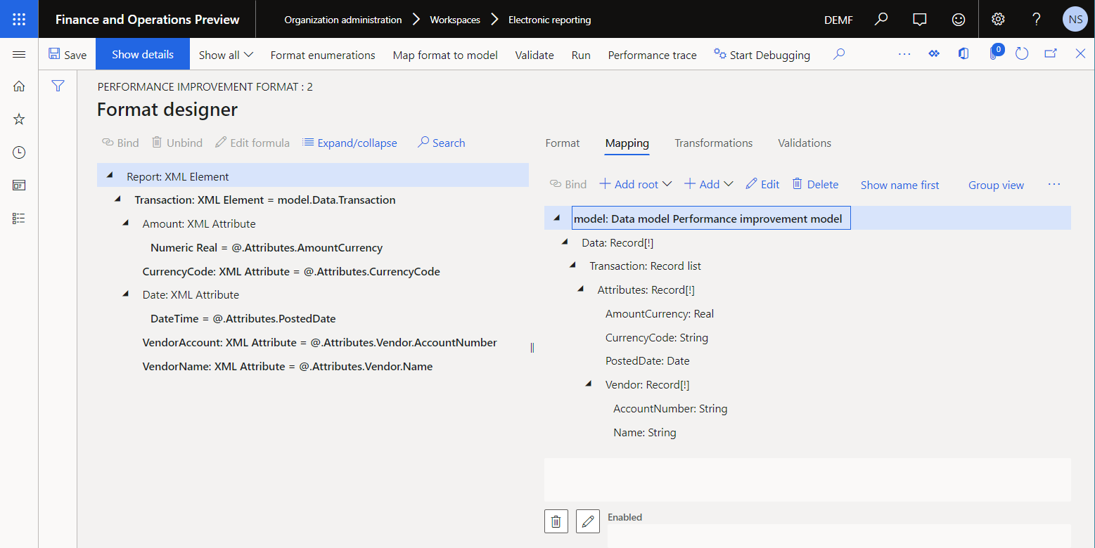 Screenshot of format data sources and configured bindings of format elements on the Format designer page.