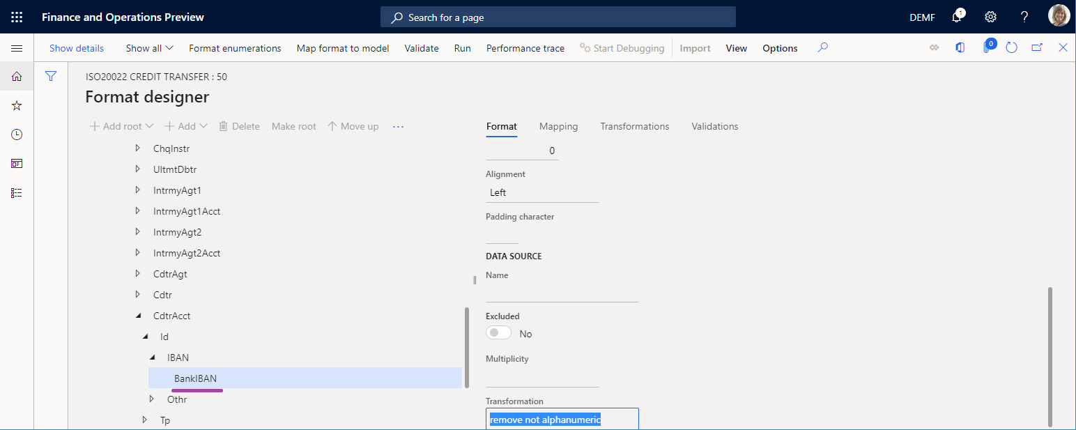 Screenshot of BankIBAN element on the Format designer page.