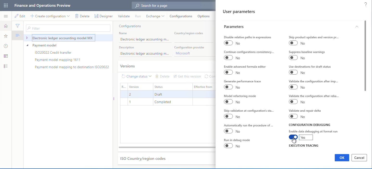 Screenshot of User parameters dialog box with Enable data debugging at format run option.