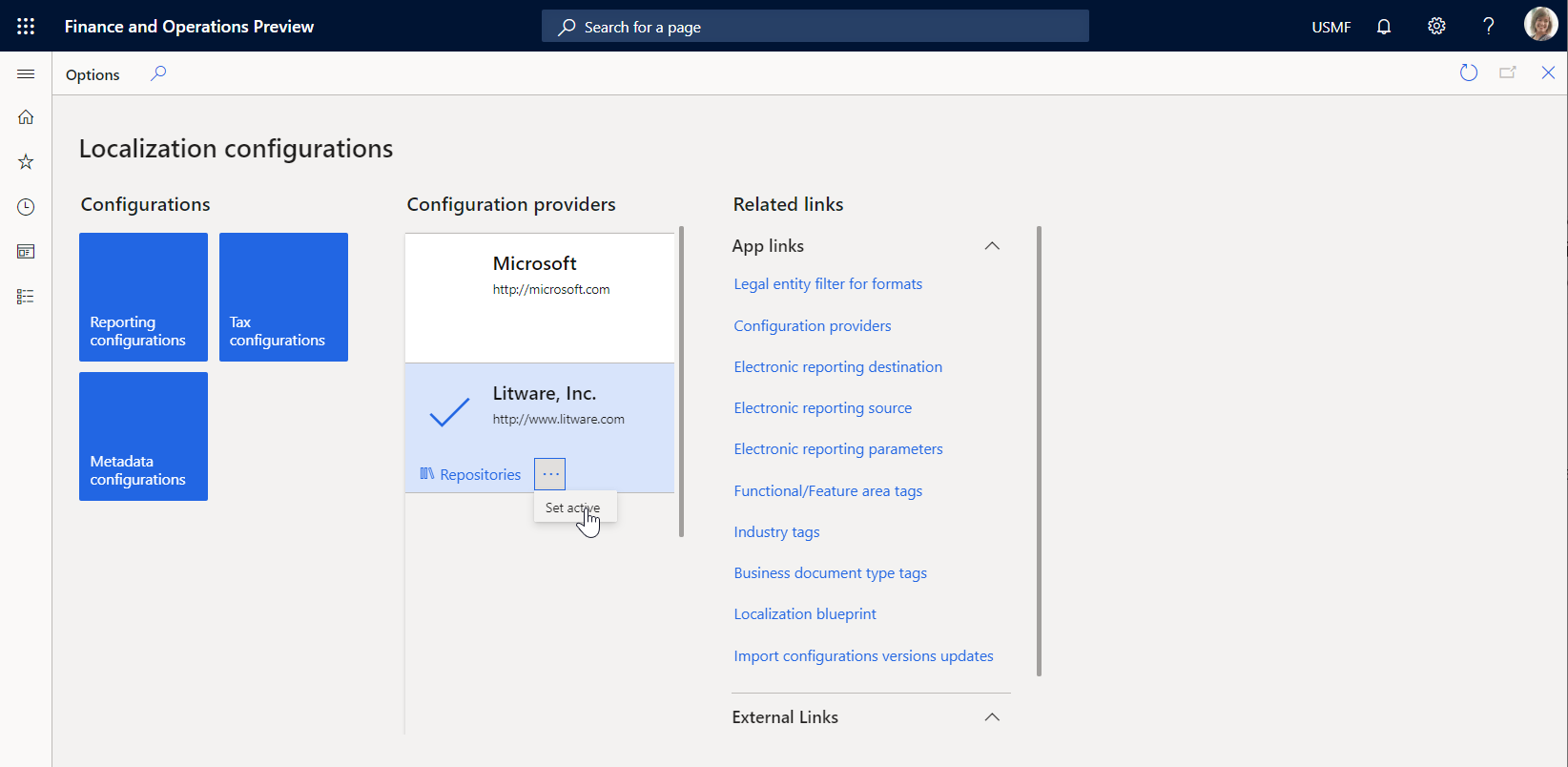 Screenshot of Litware, Inc. sample company on the Localization configurations page.