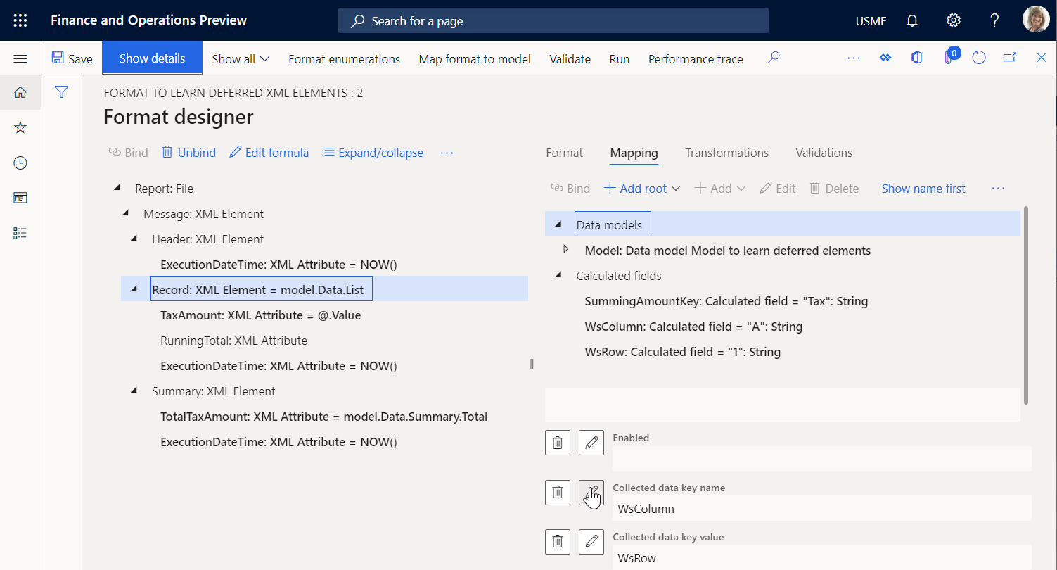 Screenshot of Record XML element on the Format designer page.