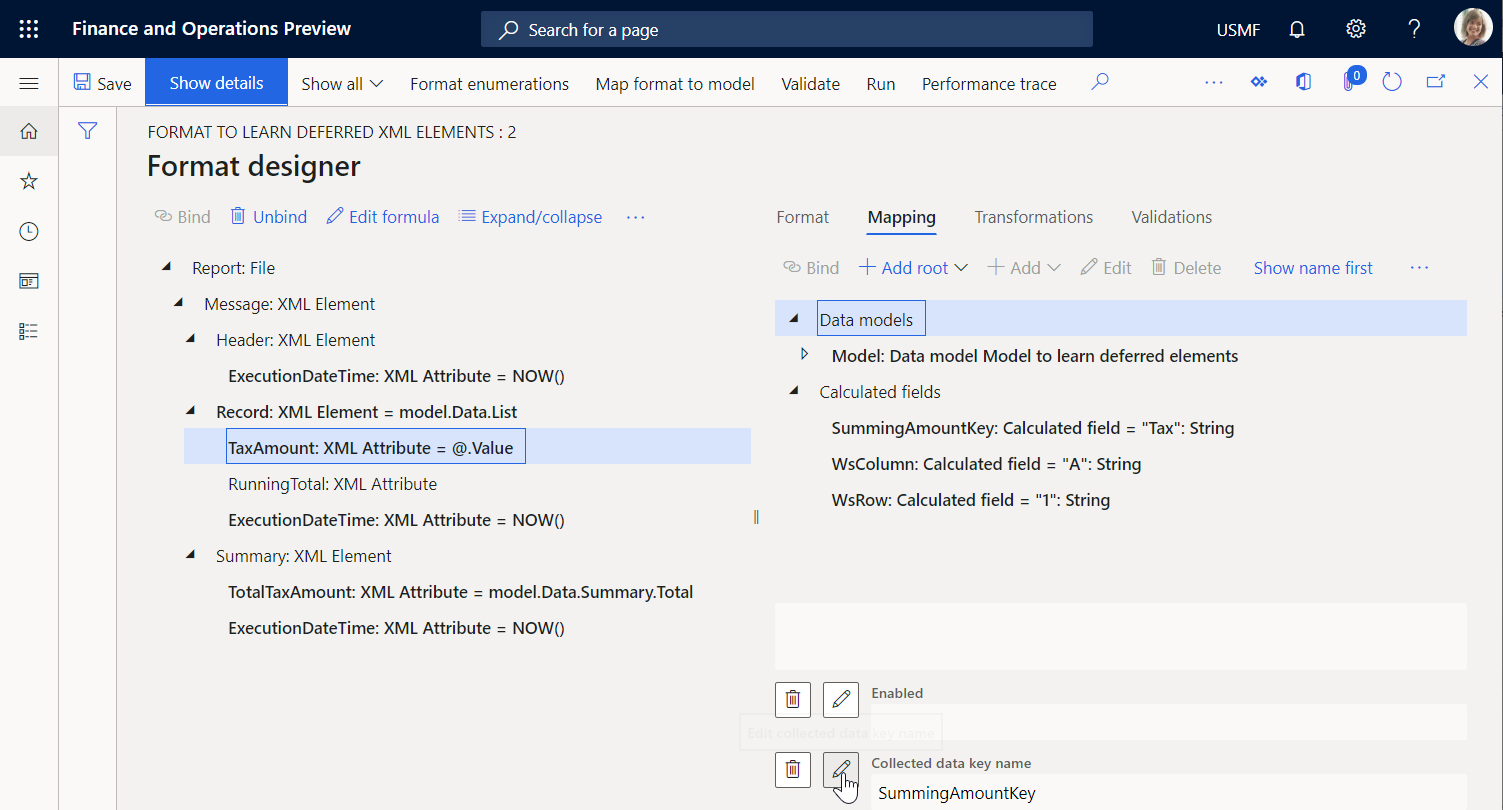 Screenshot of TaxAmount attribute on the Format designer page.