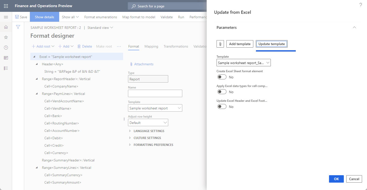 Screenshot of the Update Excel Header and Excel Footer format elements option in the Update from Excel dialog box.