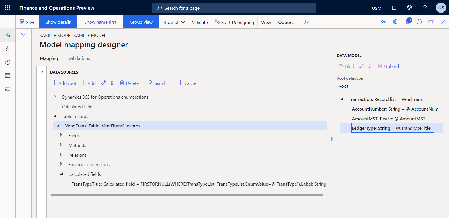 Data source of a model mapping that returns vendor transactions.