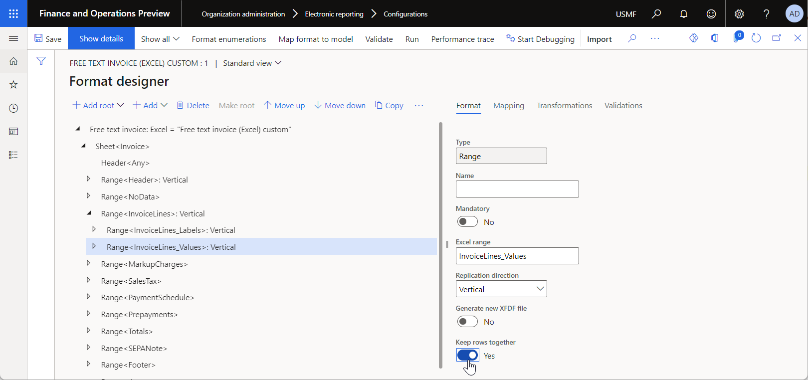 Screenshot of setting the Keep rows together option for the editable ER format on the Format designer page.