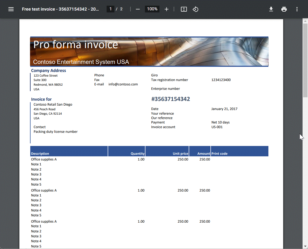 Screenshot of reviewing the updated pagination of the generated free text invoice in the Excel desktop application.