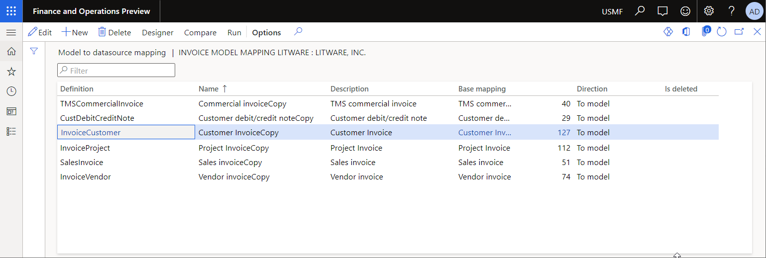 Screenshot of the invoice model mappings on the Model to datasource mapping page.