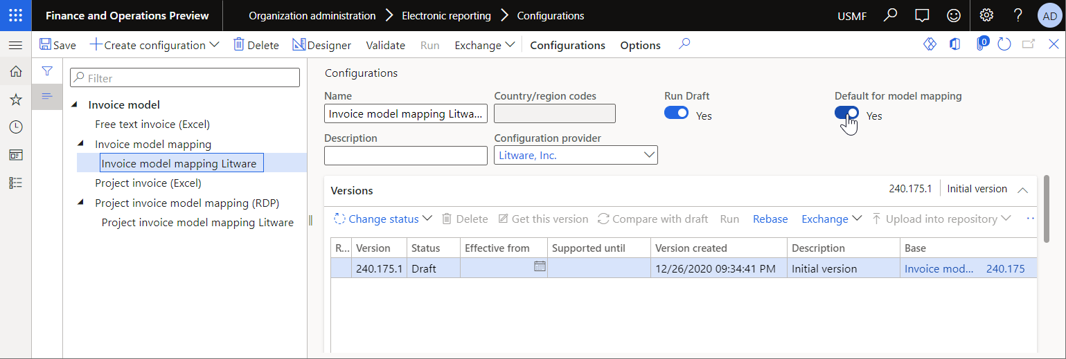 Screenshot of setting the model mapping as the default model mapping on the Configurations page.