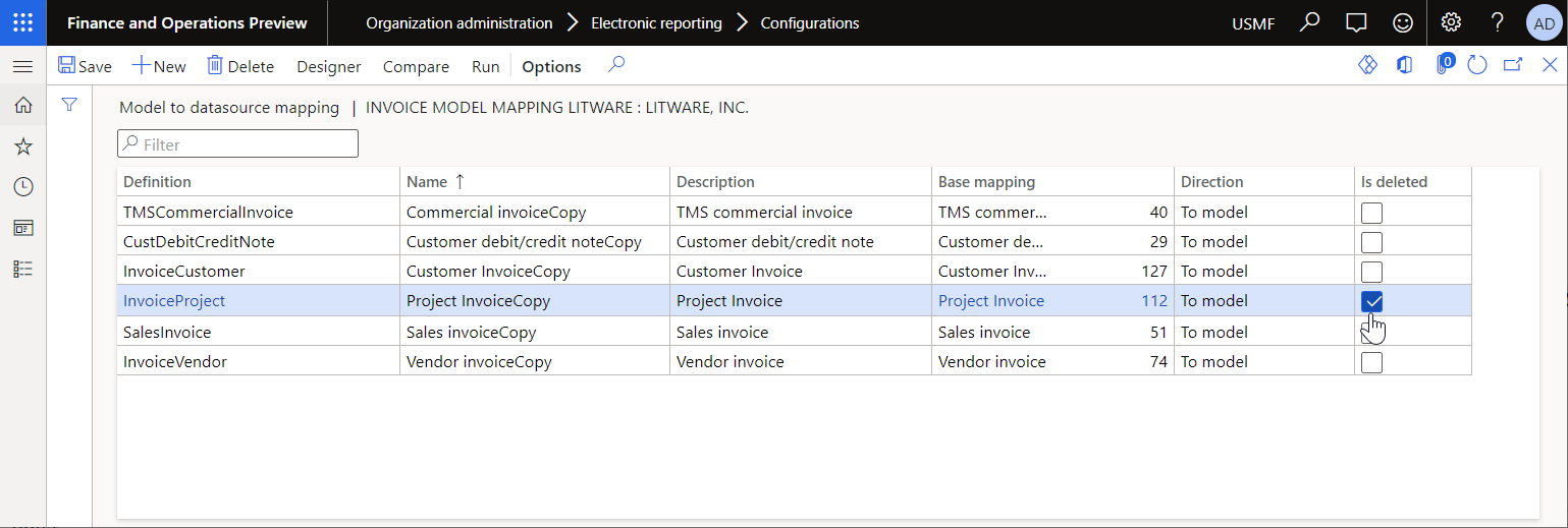 Screenshot of setting the model mapping as virtually deleted on the Model to datasource mapping page.